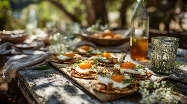 A rustic outdoor brunch picnic with egg tostadas arranged on a weathered wooden table with linen textures and sunlight filtering through leaves