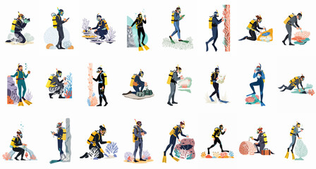 Set of scuba divers and marine biologists conducting underwater research, exploring coral reefs, and collecting scientific data in a flat vector illustration style. © Nurdayatt