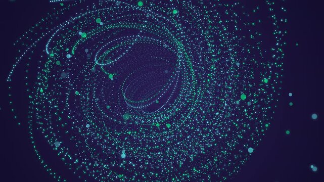 Glowing green particles moving in circular motion to form a dynamic galaxy spiral light effect