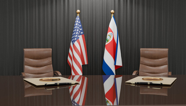 Diplomatic Summit: The United States and Costa Rica flags stand side-by-side behind a conference table with chairs, symbolizing international relations and negotiation.