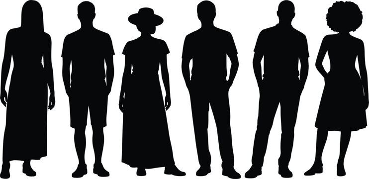 People standing silhouette vector set, diverse group men and women casual fashion on white background