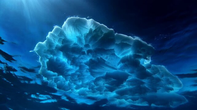 Low-angle underwater view of glowing fractured iceberg underside beneath ocean surface, with cold blue light, subtle rippling water, textured ice layers, dramatic depth, and quiet arctic atmosphere
