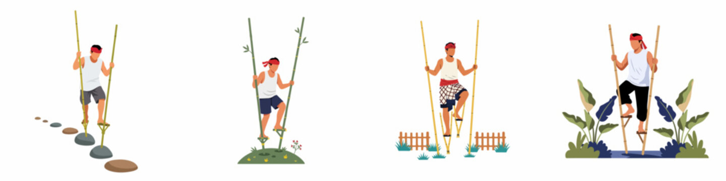 Collection of flat illustrations showing a man playing Egrang, a traditional Indonesian stilt walking game, in different outdoor environments.
