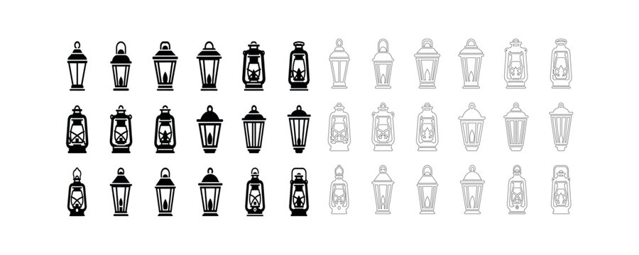 Set of ramadan lantern icons in solid black and outline styles with decoration oriental tradition silhouette