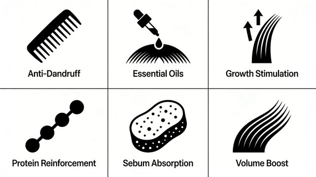 The oil control and growth promotion hair care icons are arranged in an orderly manner, adding essential oils to replenish protein and absorb excess oil to create fluffy and plump hair
