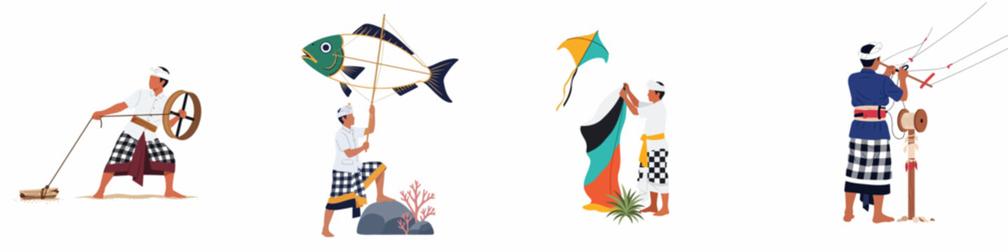 Set of flat illustrations featuring Balinese men in traditional attire preparing and flying large decorative kites, isolated on a white background.