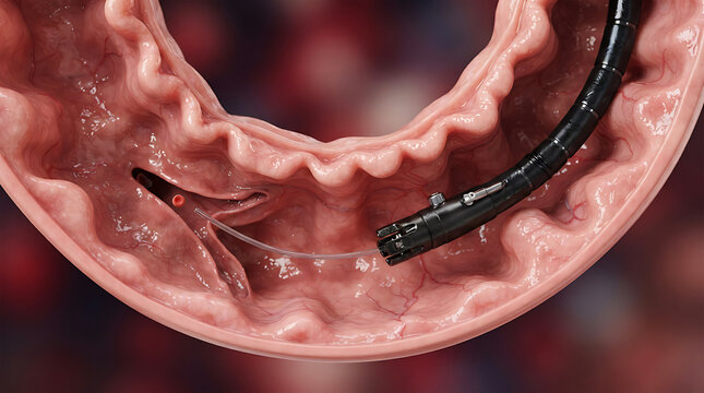 Endoscopic view of catheter inside human intestine