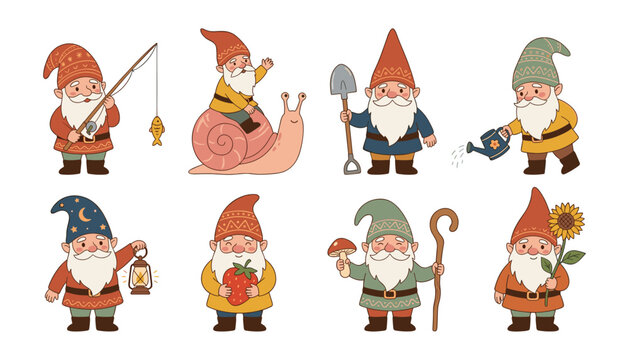 Cute garden gnomes cartoon characters set including fairy dwarfs fishing riding snail holding shovel watering can lantern and sunflower vector illustration