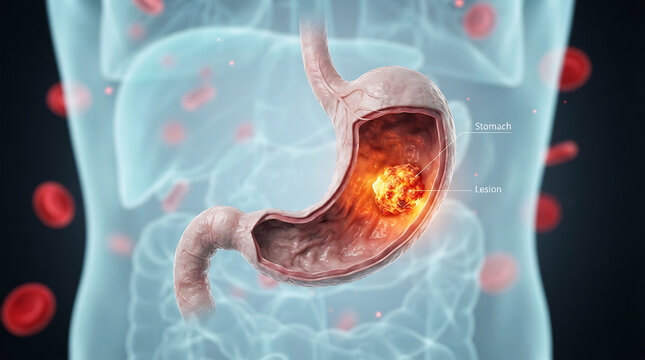 Endoscopic view of stomach lesion, red inflamed tissue