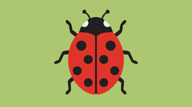 Cute red ladybug vector icon with black spots, tiny legs, antennae, and bright eyes on soft green background, charming flat insect illustration for spring, garden, nursery, ecology, and nature designs