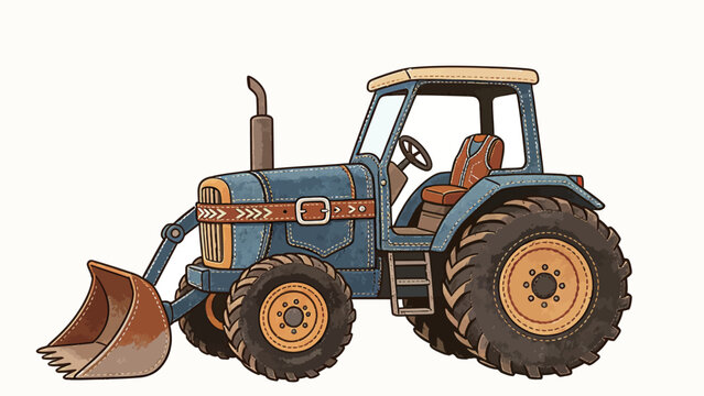 Handcrafted Leather-Style Tractor Illustration with Blue Denim Texture and Brown Buckle Accents