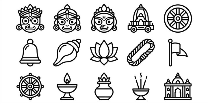 Collection of Indian cultural and religious symbols line art 2.