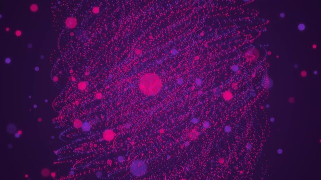 Glowing magenta light particles flowing in rhythmic patterns across a dark purple space filled with bokeh