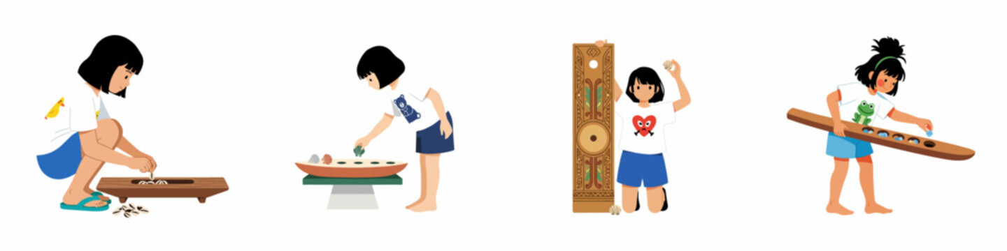 Set of illustrations depicting young girls playing Congkak, a traditional Southeast Asian board game, using shells on various carved wooden boards.