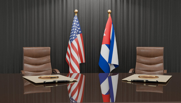 Bilateral Meeting Room: Two national flags, symbolizing a meeting between nations, stand side-by-side in a formal setting, with leather chairs and a polished table reflecting the momentous occasion.