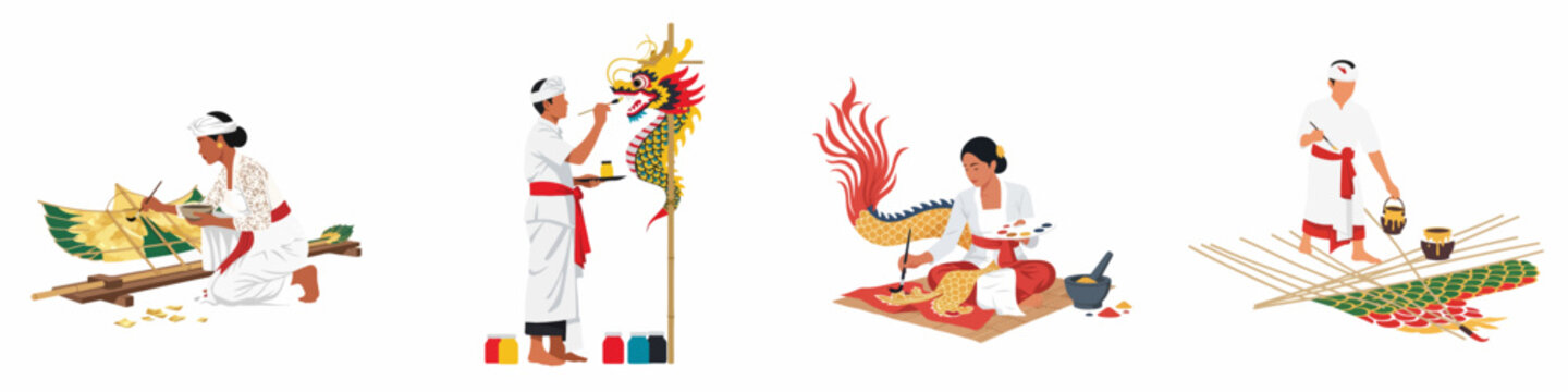 Set of Illustrations Featuring Balinese Artisans Handcrafting and Painting Traditional Dragon Kites in Traditional Attire
