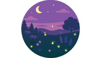 Obraz premium Dreamy dusk meadow vector landscape with glowing fireflies, crescent moon, purple twilight hills, wildflowers and silhouettes, calm magical night nature scene for peaceful seasonal designs