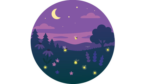 Dreamy dusk meadow vector landscape with glowing fireflies, crescent moon, purple twilight hills, wildflowers and silhouettes, calm magical night nature scene for peaceful seasonal designs