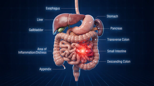 Human digestive system with inflamed appendix, labeled diagram