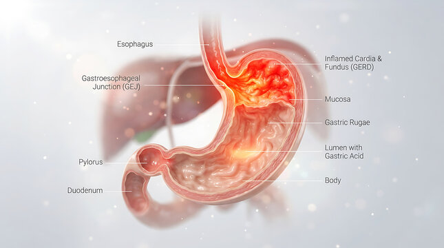 3 d medical of human stomach with gerd inflammation