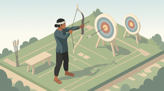 Isometric illustration of archery field, archer shooting arrow toward target background