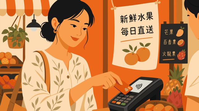 Asian woman tapping contactless card payment at vibrant fruit market stall, orange and cream vector illustration of cashless shopping, fresh produce, mobile POS and local commerce