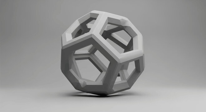 3D grayscale rendering of a complex truncated octahedron geometric lattice structure with thick matte struts, centered on a neutral gray studio background with soft floor shadows.