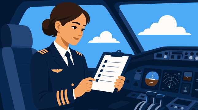 Confident female airline pilot in navy uniform reviewing a preflight checklist beside cockpit window, instruments, throttle controls and blue sky, professional aviation safety vector illustration