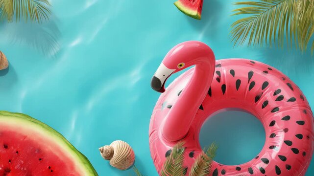 A vibrant pink flamingo pool lounger in a tropical setting.
