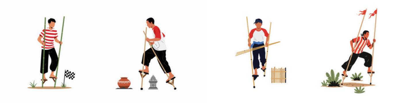 Flat Vector Illustration Set of People Playing Egrang, a Traditional Indonesian Bamboo Stilt Game