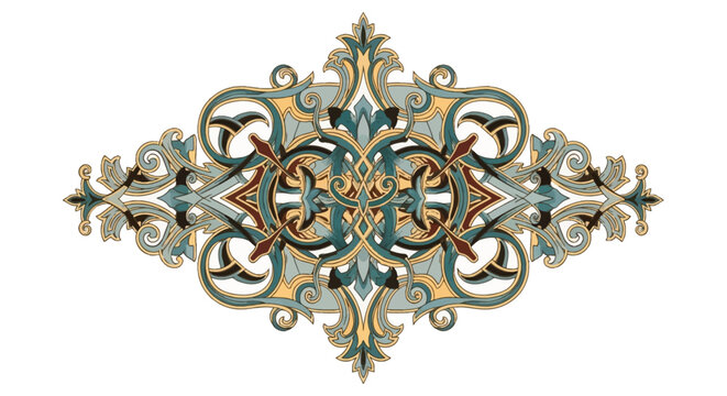 Ornate Victorian style symmetrical scrollwork flourish with intricate acanthus leaves and vintage damask elements in blue and gold tones isolated on a plain white background.