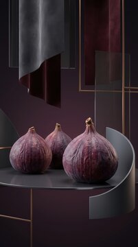 Three whole purple figs on dark architectural stage with minimalist, culinary