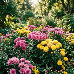 Obraz premium Pink and yellow flowers in garden bed.