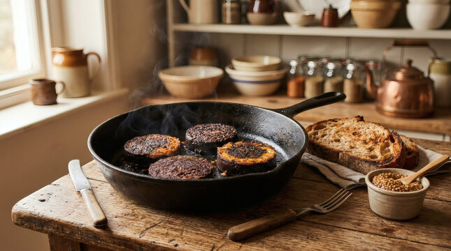 Pan-fried stornoway black pudding with sourdough bread on rustic kitchen table
