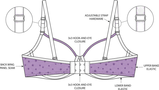 Fashion design technical flat sketch of a women&rsquo;s bra back view with hook and eye closure details
