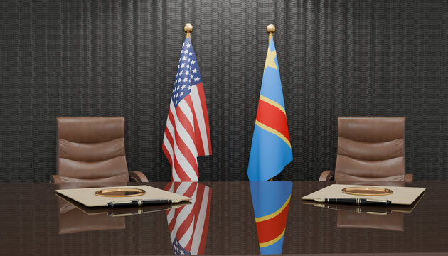 Diplomatic Meeting Table: An empty meeting table adorned with the flags of the United States and the Democratic Republic of Congo, set for a high-level diplomatic negotiation.