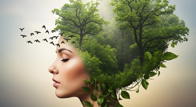 Woman profile with forest hair. Double exposure nature portrait. Eco friendly mental health art.