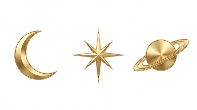 Set of three elegant luxury gold celestial and planet icons isolated on white background