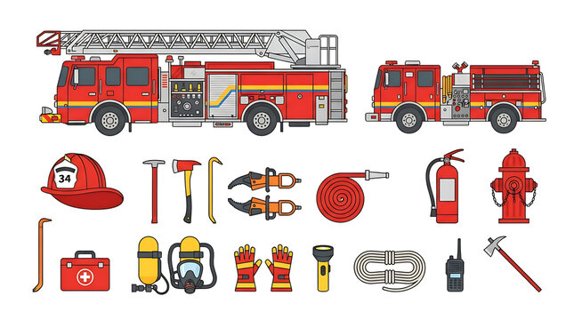 Firefighter Equipment and Fire Truck Collection Vector Set with Emergency Rescue Tools Isolated on White Background