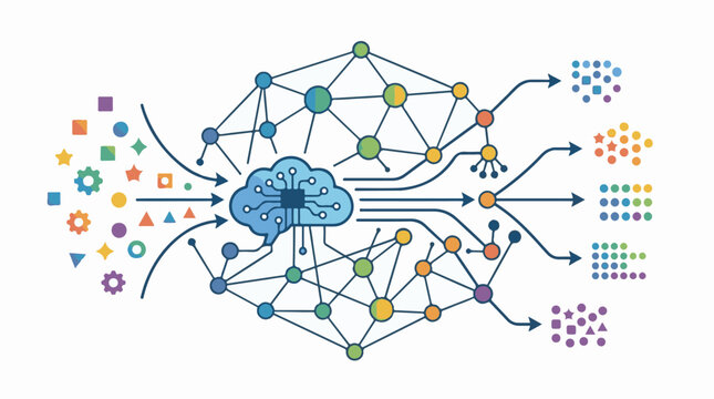 Diverse data inputs processed by a neural network into categorized outputs