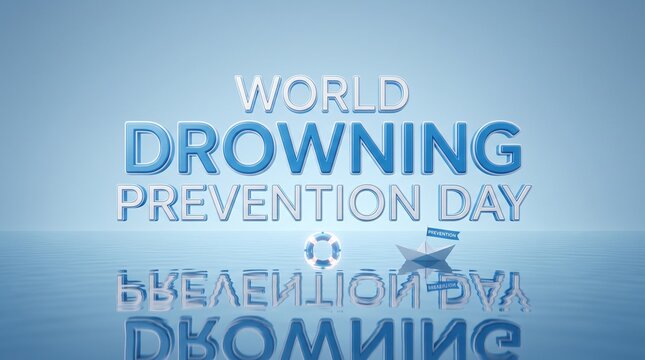 World Drowning Prevention Day banner with water safety lifebuoy and paper boat illustration on blue sea surface reflection