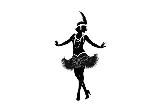 Black silhouette of a 1920s flapper girl dancing, wearing a feathered headband, pearl necklaces, and a fringe dress, isolated on a white background for vintage jazz age designs.