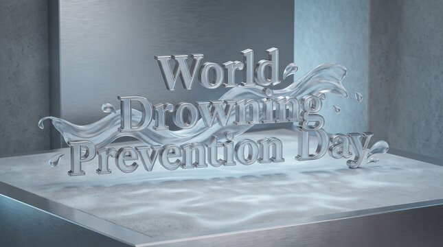 3D Crystal Typography for World Drowning Prevention Day Awareness with Water Ripple Effects on a Minimalist Background