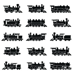 Obraz premium Collection of vintage steam locomotive silhouettes for transportation and industrial themes