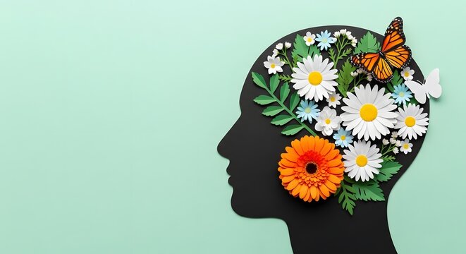 Woman with floral head wreath and butterfly. Female model wearing daisy and orange blossom crown outdoors. Natural beauty and eco-friendly lifestyl...