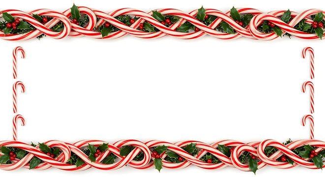 Candy cane and holly border with red berries a festive christmas pattern on white peppermint