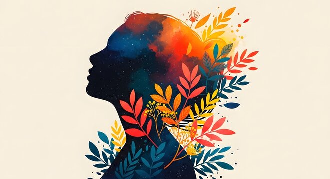 Silhouette of a woman with vibrant abstract hair. Creative portrait featuring colorful foliage and artistic brushstrokes. Modern digital illustrati...