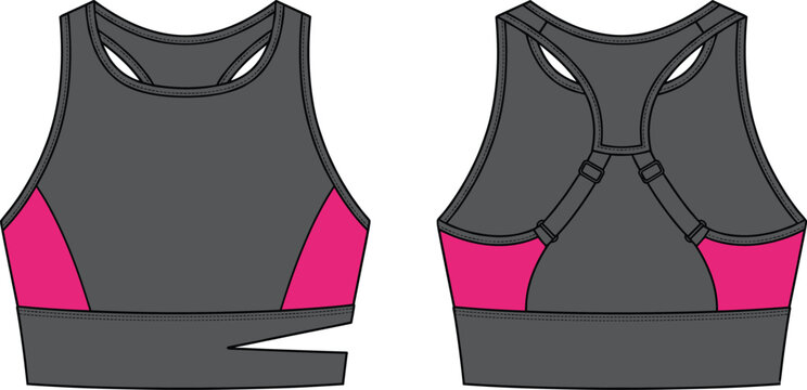 Fashion design flat sketch of a women&rsquo;s athletic sports bra with adjustable straps and side cutout detail