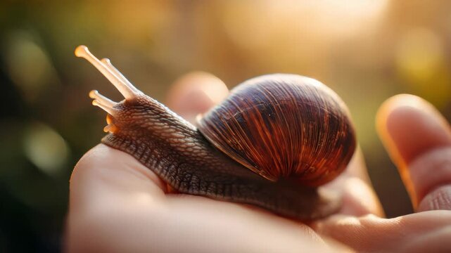 Softshell snail rests gently on open palm. Sunlight glows warmly behind blurred greenery. Natural textures highlight shell's smooth curves. Tiny antennae twitch as creature explores skin