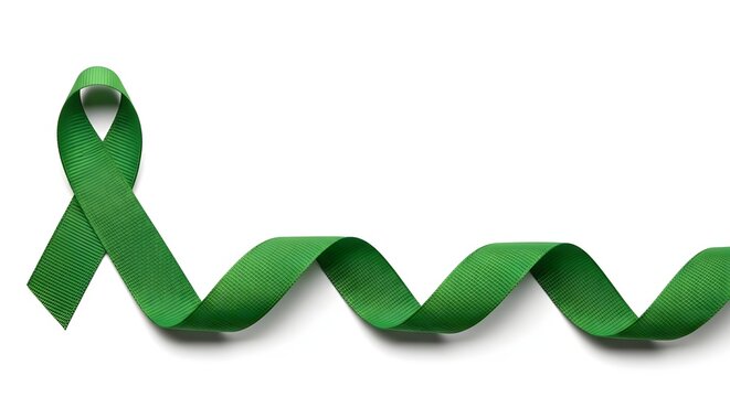 Green awareness ribbon on white. Symbol for mental health support. Medical charity campaign icon.